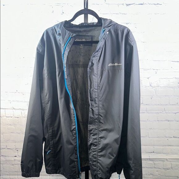 🧥 Eddie Bauer Men’s Gray Lightweight Hooded Windbreaker Jacket Sz Tall Large TL - Picture 1 of 4